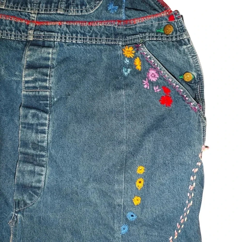 Boho Hippie Vintage Key Denim Floral Embroidered Crochet Over-Alls Maxi Dress - Picture 5 of 11